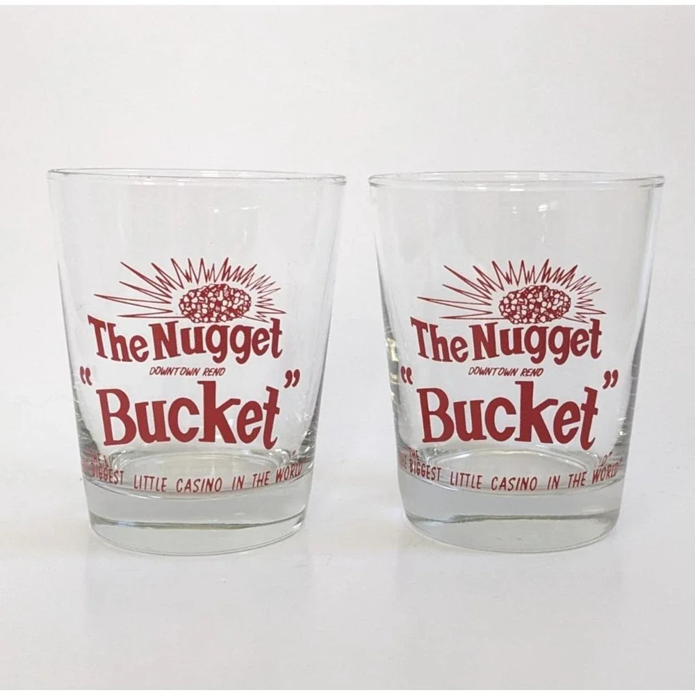 Vintage Reno Nugget Bucket Tumbler Glasses Pair Cocktail Nevada Casino Souvenir